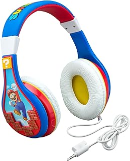 eKids Super Mario Kids Headphones, Adjustable Headband, Stereo Sound, 3.5Mm Jack, Wired Headphones for Kids, Tangle-Free, Volume Control, Childrens Headphones Over Ear for School Home, Travel