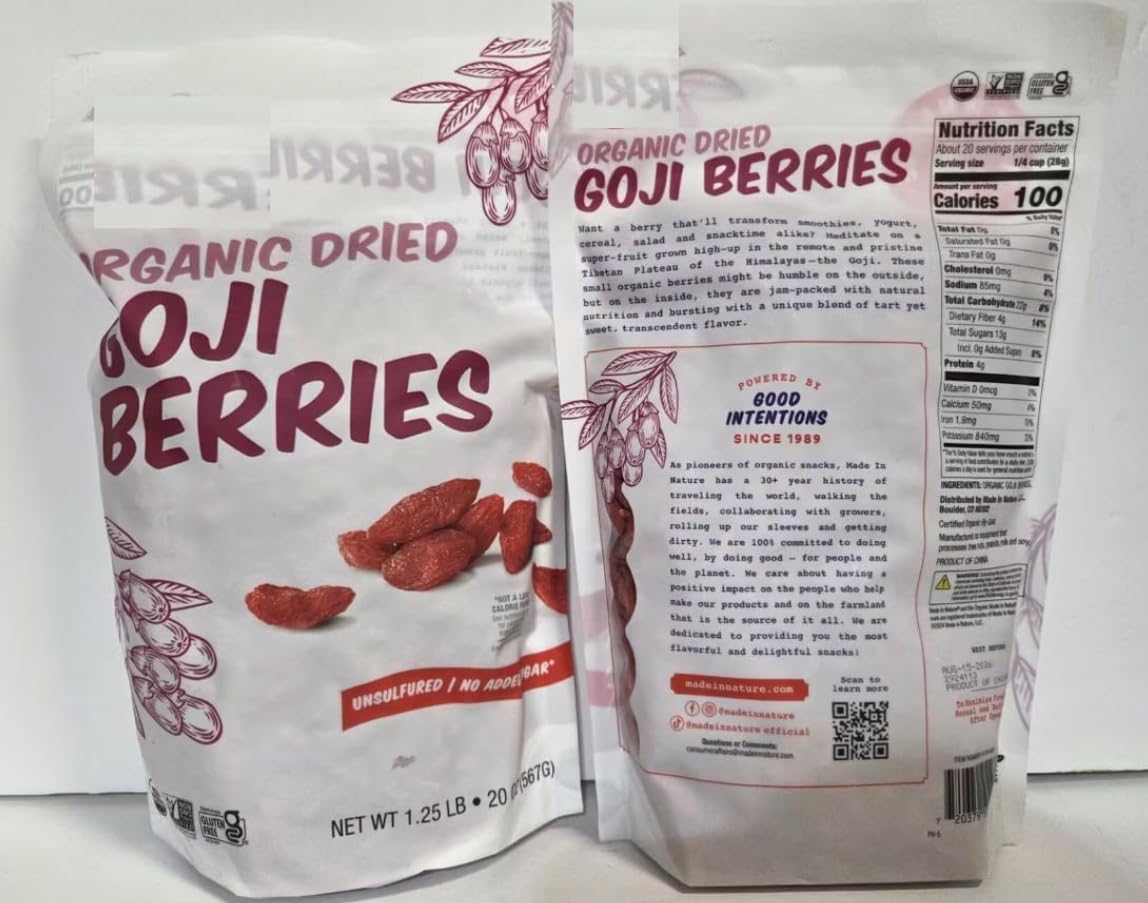 Organic Made Nature Sun-Dried Unsulfured GOJI Berries 20oz 567g (Two Bags), standard