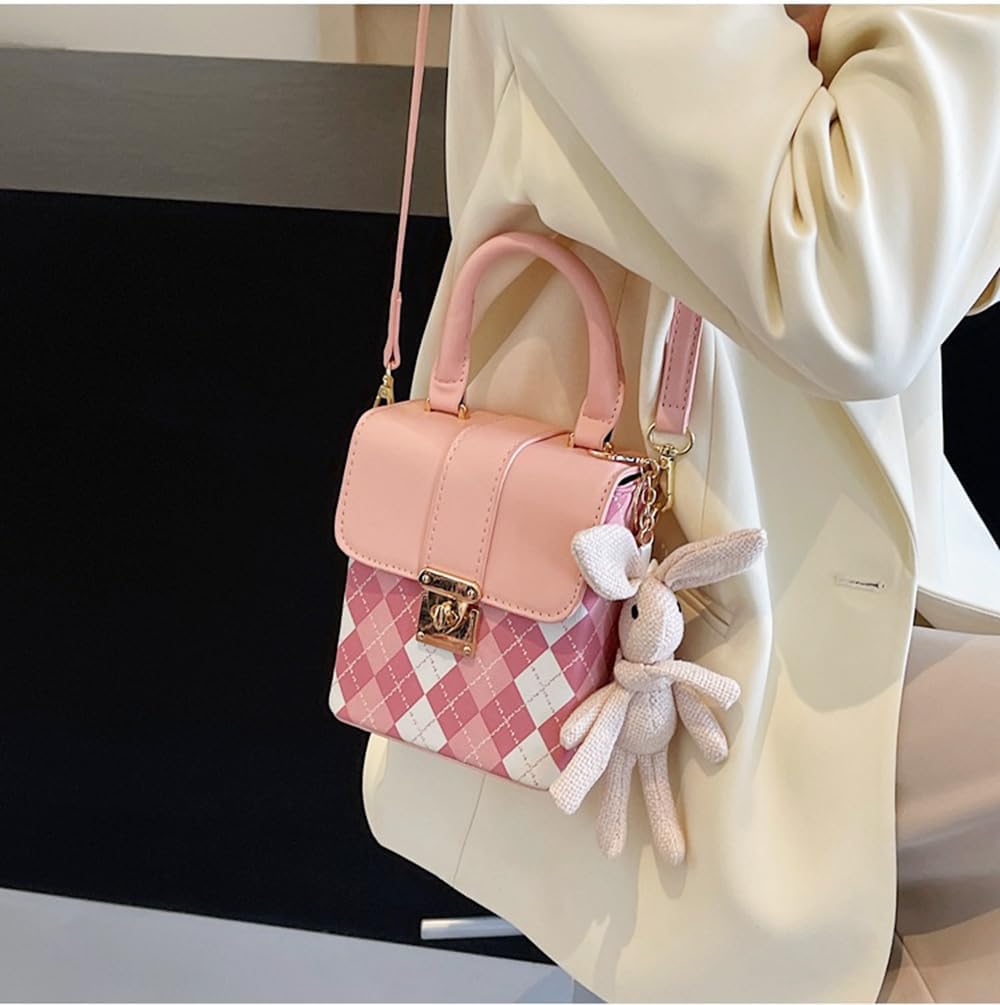 RTGGSEL Rhomboid Patterned Bucket Bag Crossbody Shoulder Bags for Women Cylinder Purse Satchel Handbags with Bunny Doll