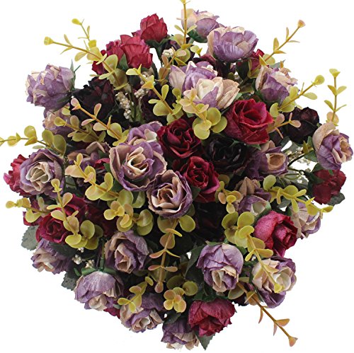 Duovlo 7 Branch 21 Mini Rose Heads Artificial Flowers Bouquet Wedding Home Office Decor,Pack of 4 (Purple)