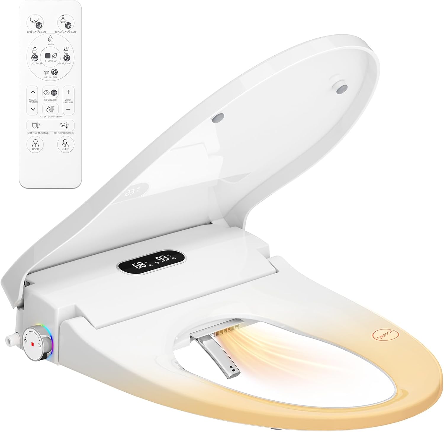 Rainsworth Smart Bidet Seat with Auto-Open Lid, Dual User Memory, Instant Heat & Auto-Dry Cycle - Adjustable Heated Seat, Warm Water, Stainless Nozzles, Remote & Knob Control for Elongated Toilets