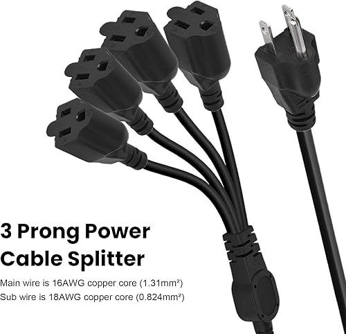 Miniatura 2 de Cable de enchufe divisor de alimentación, cable de alimentación de 3 clavijas de 1 a 4, cable de alimentación de 16 AWG a 18 AWG, cable adaptador de
