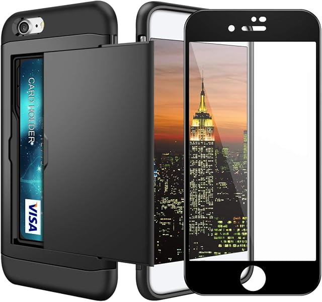 Coolden for iPhone SE 2022 Case Card Holder with [Tempered Glass Screen Protector ] iPhone SE 2020 Wallet Case Shockproof Rubber Bumper Protective Phone Case Cover for iPhone 7/8/SE 2/SE 3 (Black)