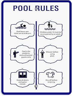 Aluminum Vertical Metal Sign Multiple Sizes Pool Rules Hours are 10:00 Am to 8:00 Pm Blue Swimming with Border Weatherproof Street 9x12Inches