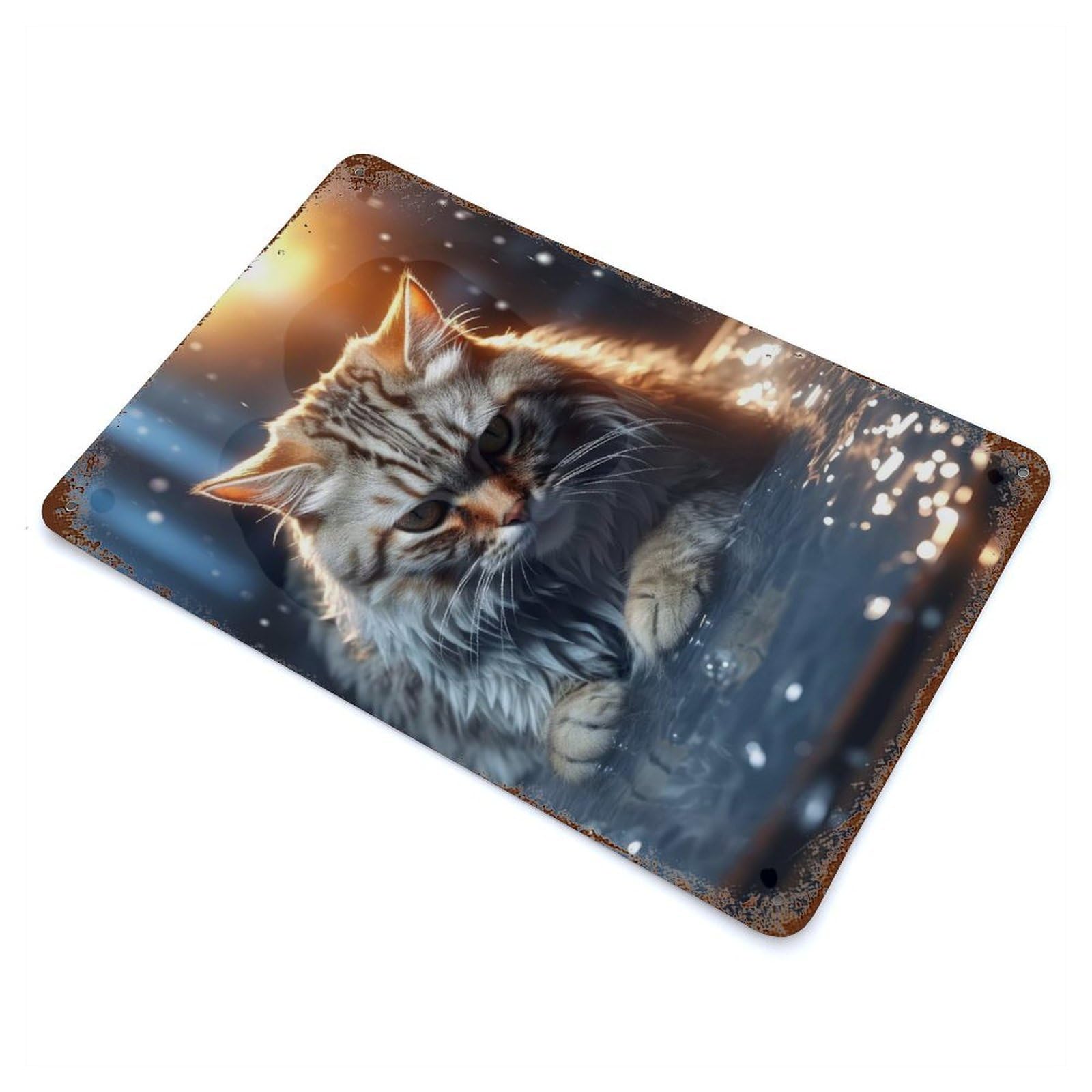 Angry Cat Kitty in Water Vintage Rust Metal Sign 11.8"x7.9", for Basement, Hobby Room And Garage Decor, Farmhouse Wall Decor
