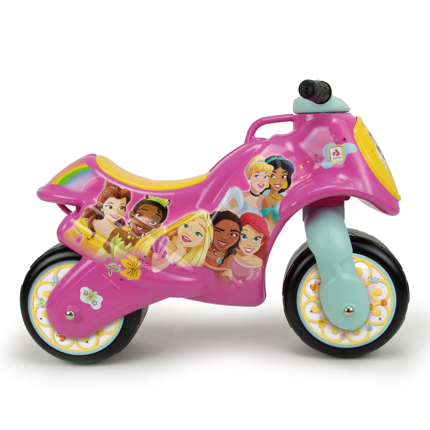 INJUSA - Motocykl Dziecięcy Neox Disney Princess, przeznaczony dla dzieci powyżej 18 miesiąca, szerokimi kołami z tworzywa sztucznego oraz uchwytem do transportu dla rodziców, różowy