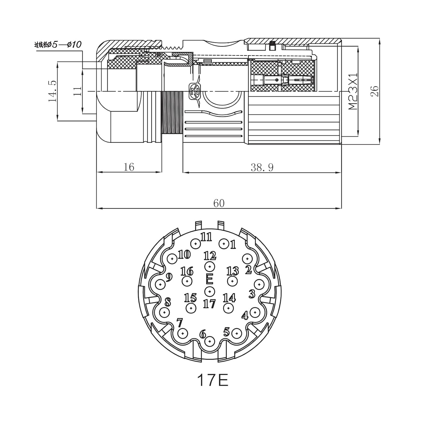 M23 17Pin Female Circular Connector, Straight Metal Joint Cable Plug for Signal Transmission, Shielded for Industrial Equipment, Electrical Engineers