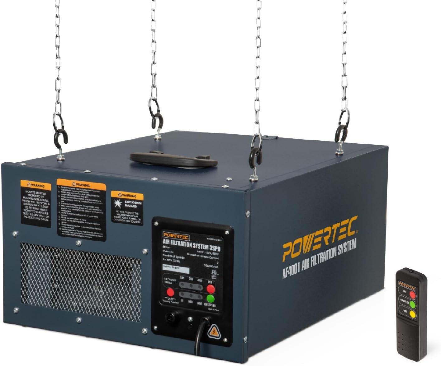 POWERTEC AF4001E 3-Speed Remote Controlled Air Filtration System Woodworking (300/350/400 CFM), Hanging Air Filter for Dust Collector & Workshop, Air Purifier for Garage 400 CFM Air Filtration System