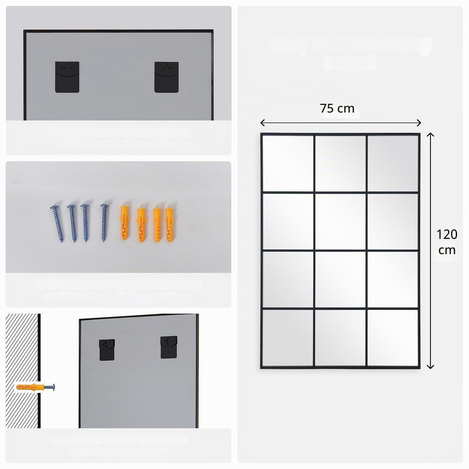 Specchio rettangolare per finestra, 75 x 120 cm, con cornice in alluminio nero, specchio da parete per interni, soggiorno, corridoio, ingresso, esterno, decorazione da giardino