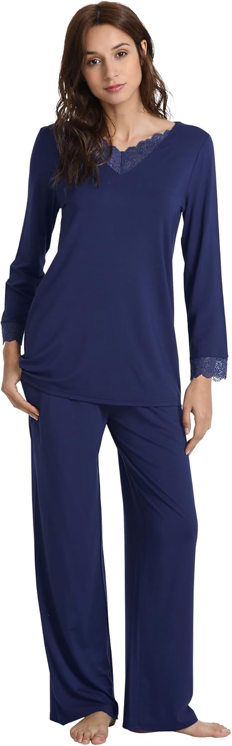WiWi Bamboo Viscose Pajamas Sets for Women Lace Trim Long Sleeve Sleepwear Lounge Sets Plus Size Pjs with pockets S-4X - Image 2