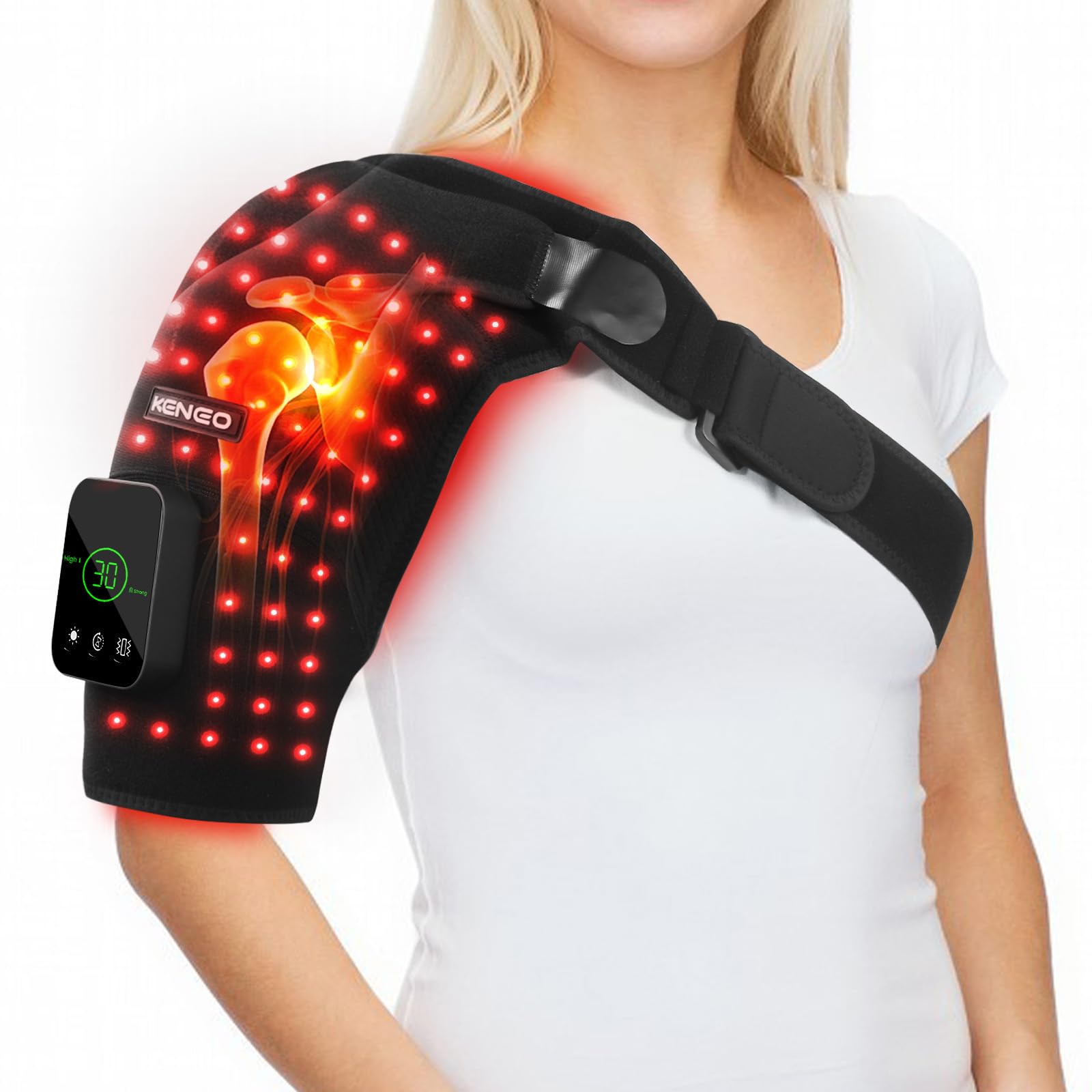 Keneo Red Light Therapy Shoulder Wrap with Heating Pad - 660nm 850nm LED Technology 5000 mAh Cordless Rechargeable