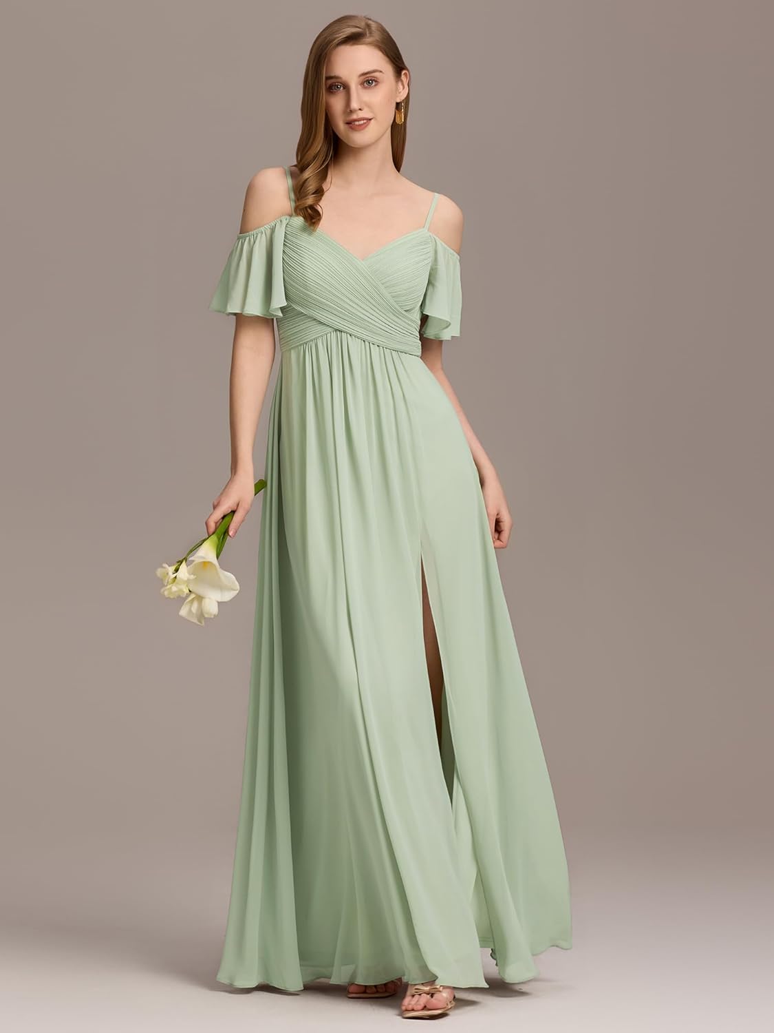Ever-Pretty Women's V Neck Pleated Cold Shoulder Chiffon Slit Floor Length Bridesmaid Dresses 02365