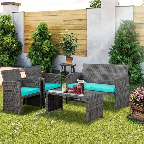 SUNLEI Multi Pieces Outdoor Patio Furniture Sets Conversation Sets Rattan Chair Wicker Set,Glass Table,Outdoor Indoor Use Backyard Porch Garden Poolside (Grey, 4 PCS-Sky Blue Cushion)