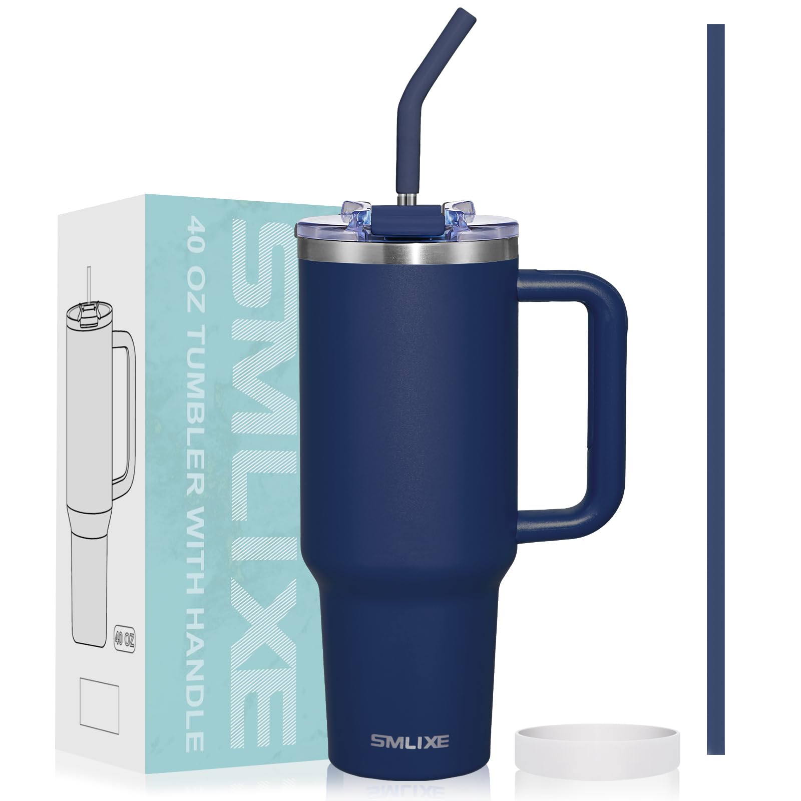 40 oz Tumbler with Handle and Straw Lid,Insulated Reusable Stainless Steel Water Bottle Travel Mug，Cupholder Friendly Double Wall Vacuum Sealed Cup (Navy)