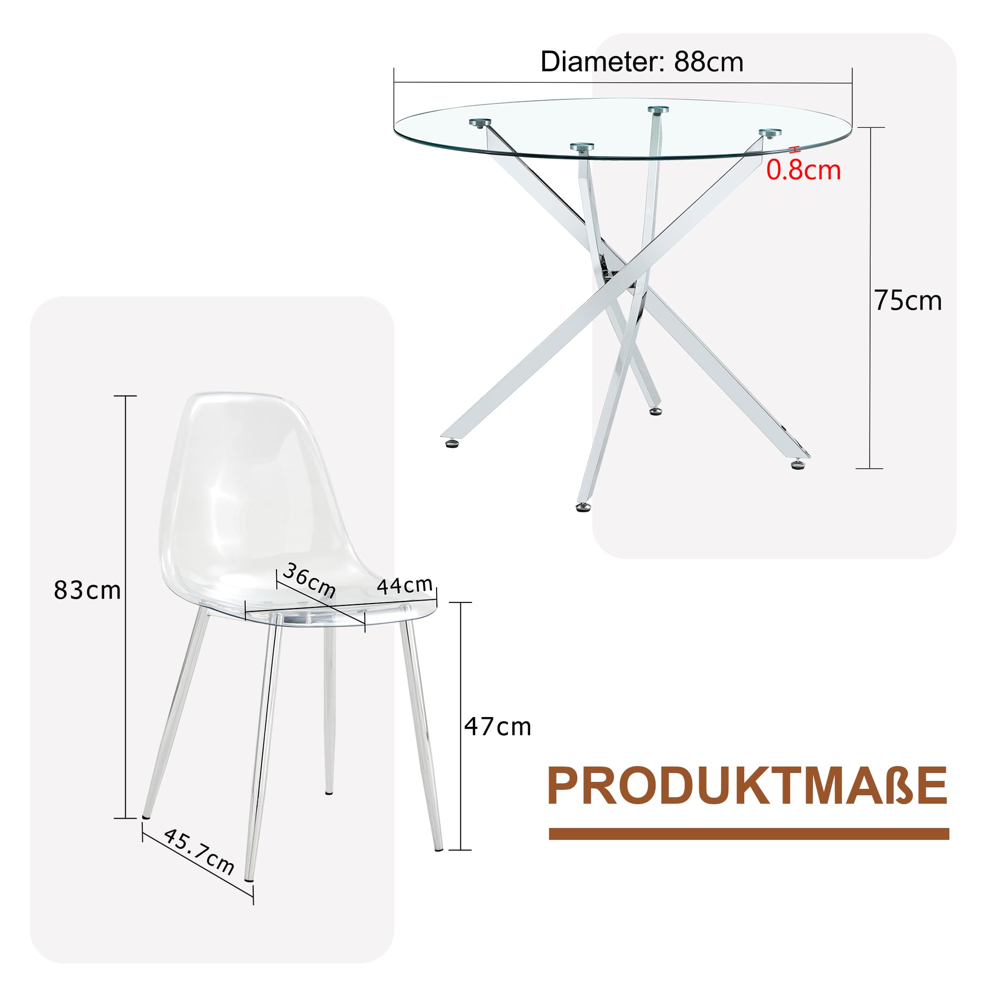 Muskel Moderno tavolo da pranzo rotondo in vetro con 4 sedie, tavolo da 88 cm, in plastica trasparente, per 4 persone, sala da pranzo, set da 4 pezzi, per piccola cucina, argento