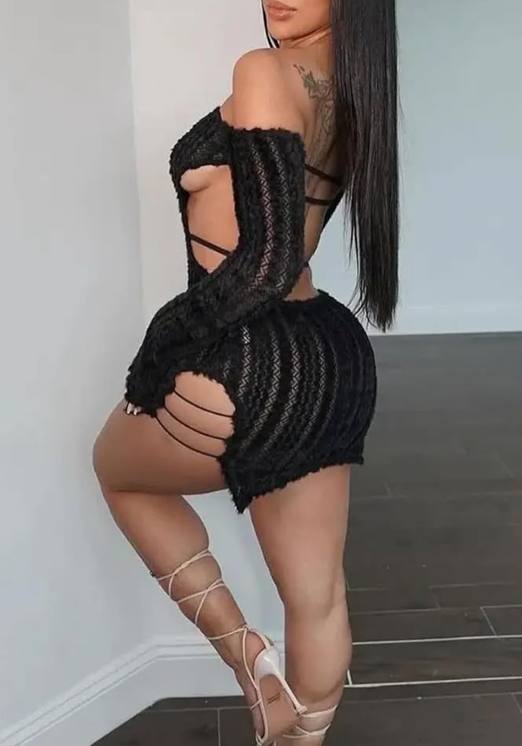 Womens Sexy Off Shoulder Dress Fuzzy Backless Cut Out Bodycon Mini Dress Y2k Date Night Club - Image 5