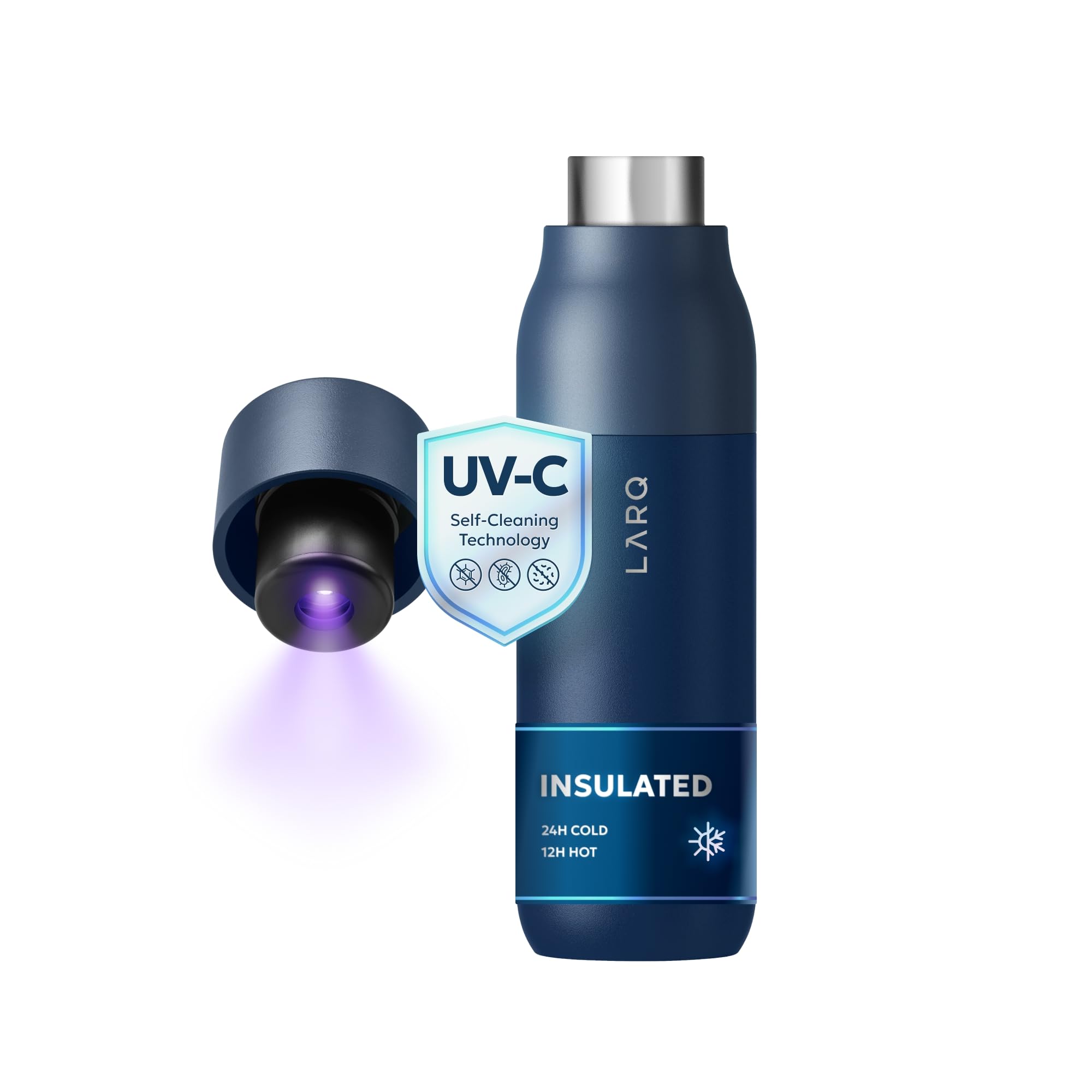 Bottle Purevis 17 Oz - Self-Cleaning And Insulated Stainless Steel Water Bottle With UV Water Purifier And Award-Winning Design | Reusable & Travel Friendly, 1-Year Warranty, Monaco Blue, 500 Ml