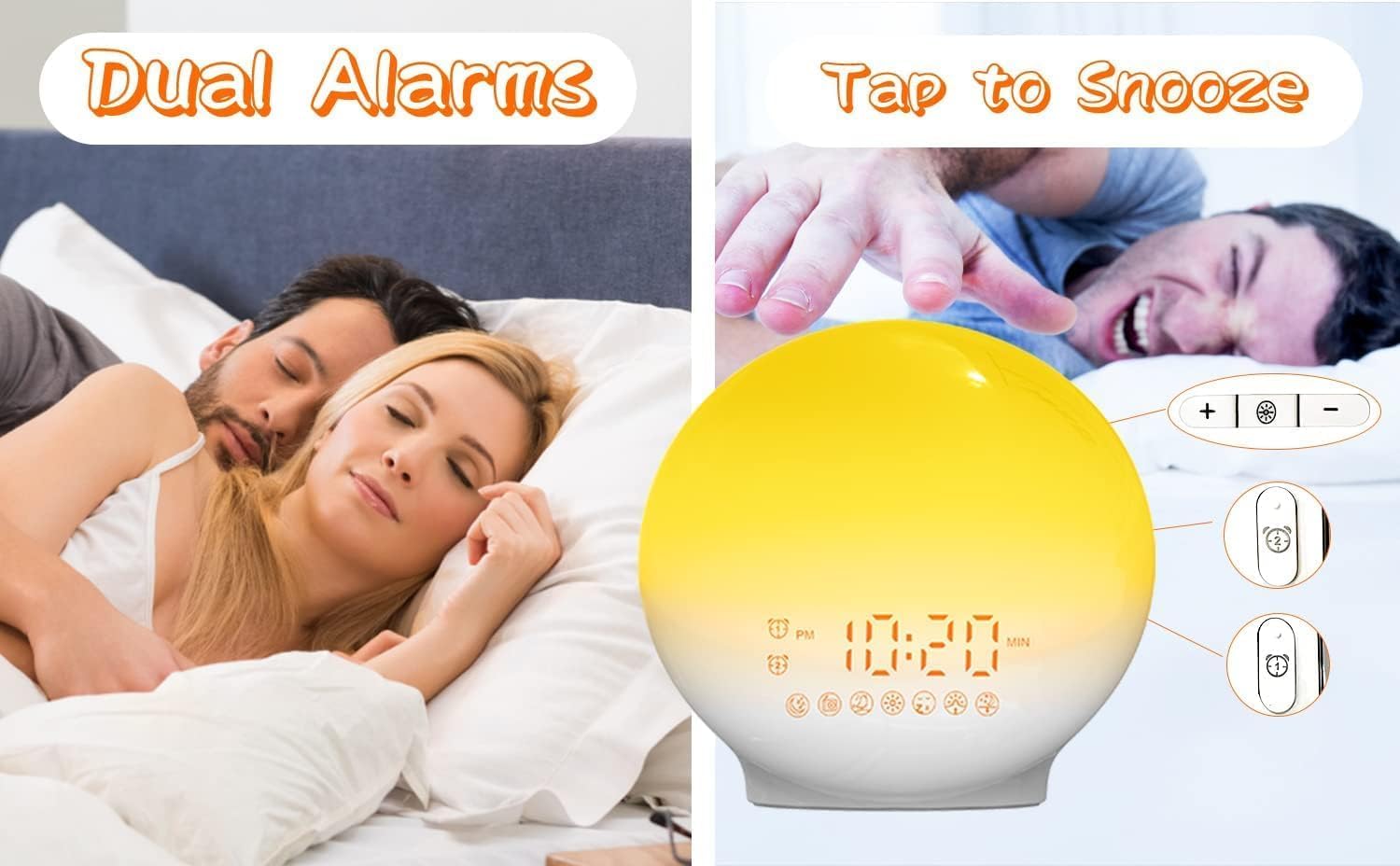 Budzik świetlny, symulacja wschodu słońca, 7 naturalnych dźwięków, radio FM, lampka nocna LED, pomoc w zasypianiu dla dzieci i dorosłych, dekoracja sypialni