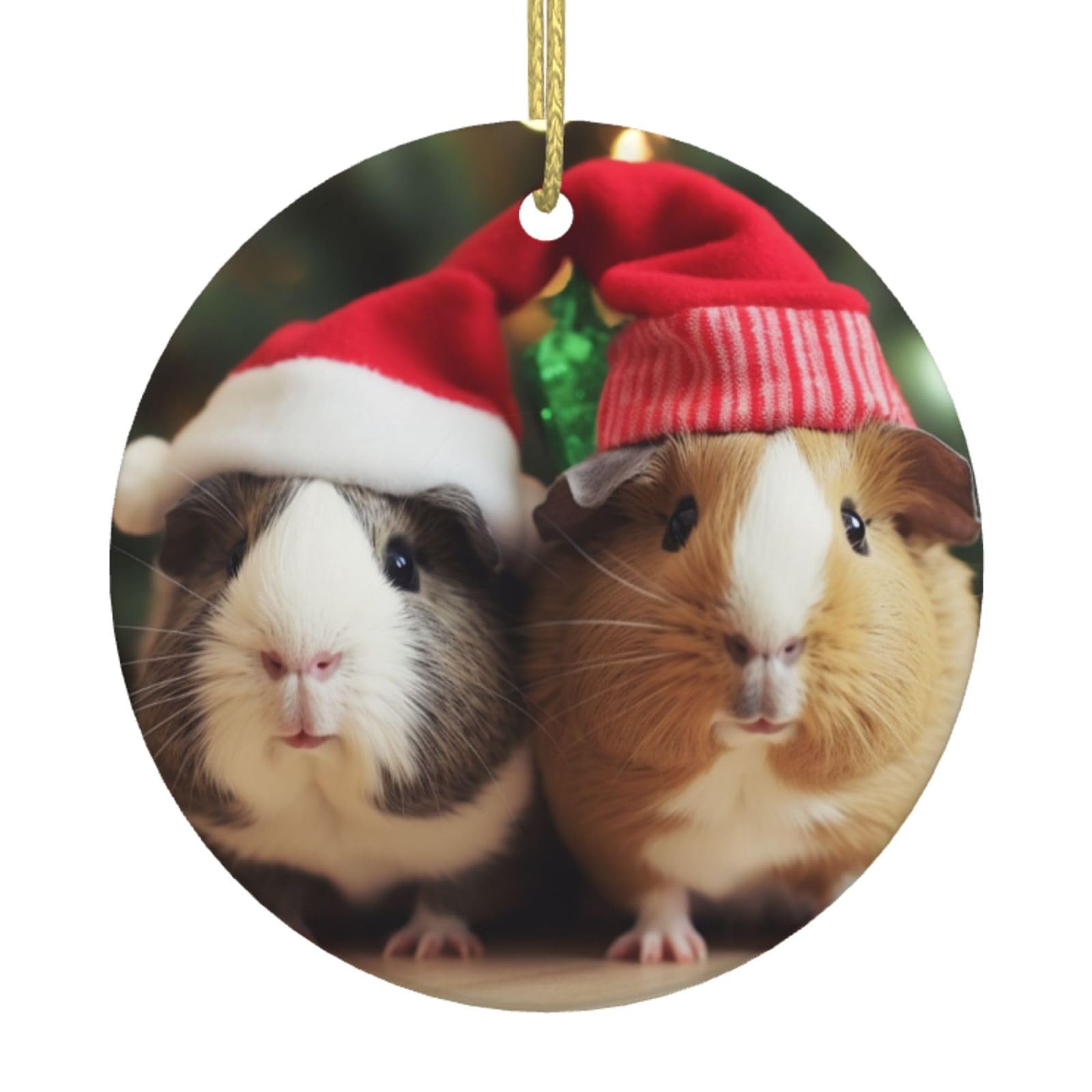 Denmer Christmas Cute Guinea Pigs Printed Christmas Tree Ceramic Hanging Ornaments With Hanging Strings, Round-Shape Ceramic Wall Hanging Xmas Tree Decorations