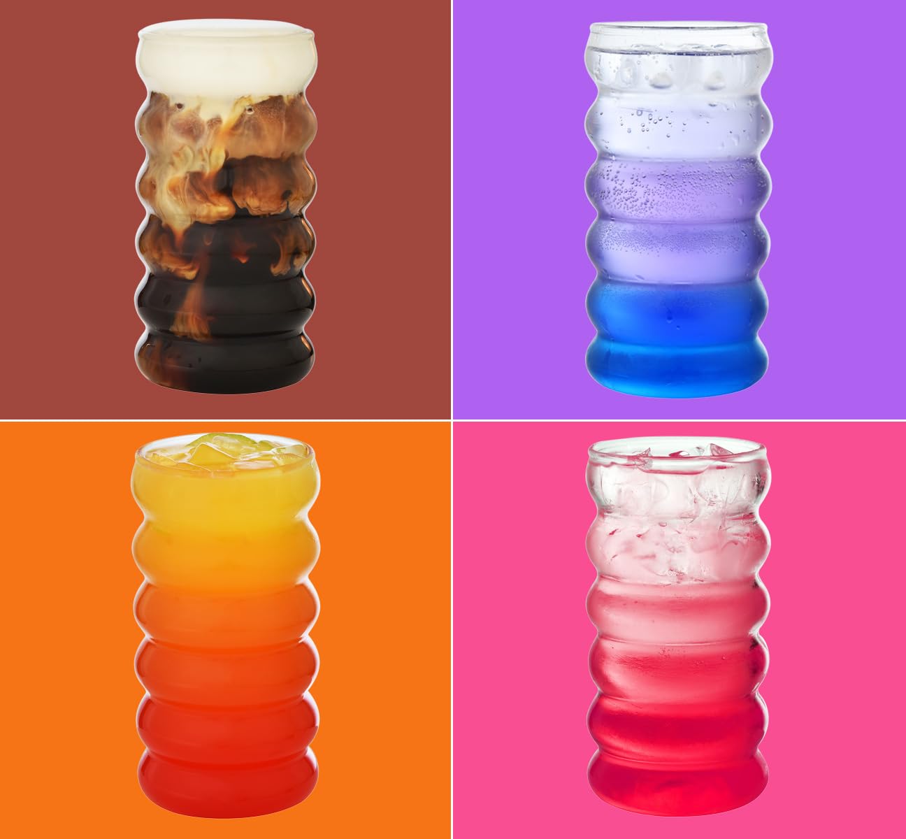 ALINK Set di 4 bicchieri di vetro a coste con cannucce, 473,6 ml, bicchieri da caffè ghiacciato, bicchieri da birra ondulati, bicchieri da birra per coctail, latte, soda, regalo con pennello