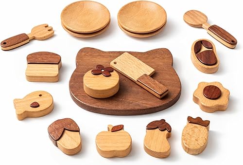Juego de comida de madera para jugar, juguete de cocina Montessori de 17 piezas con tabla de cortar y frutas | Comida de juego de simulación para la