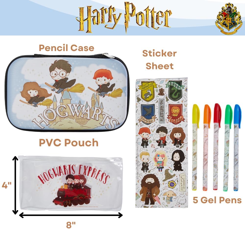 Innovative Designs Harry Potter Hogwarts Pencil Case Set with Stickers and Gel Pens for Kids, Molded with Zip Closure