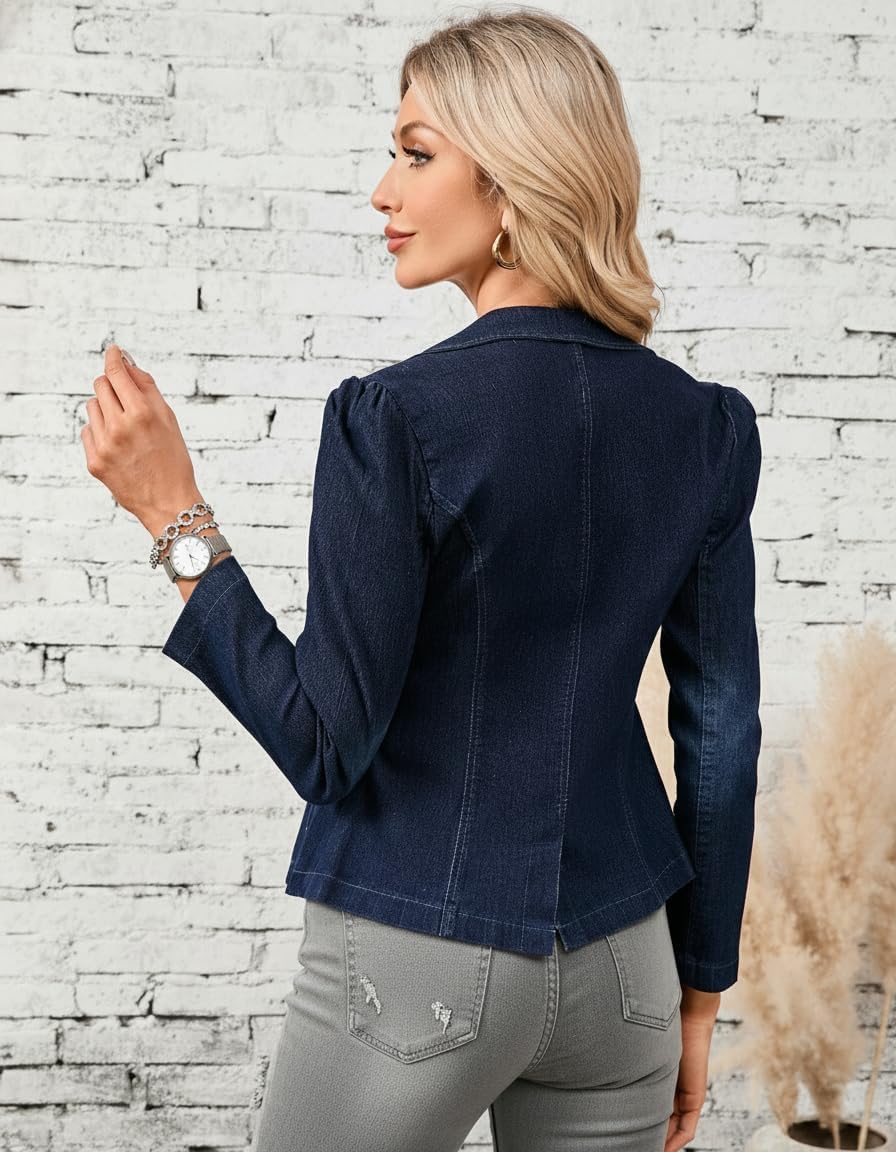 Yesfashion Women's Denim Short Blazer Long Sleeve Open Front Lapel Neck Business Casual Slim Fit Cardigan Jacket - Image 3