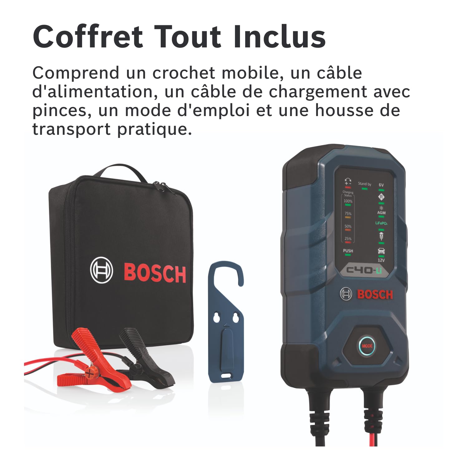 Bosch C40-Li Chargeur de Batterie de Voiture - 5 Ampères avec Fonction de Maintien - pour Batteries 6V/12 V Plomb-Acide, AGM, EFB, Gel, SLI et 12 V Lithium (LiFePO4)