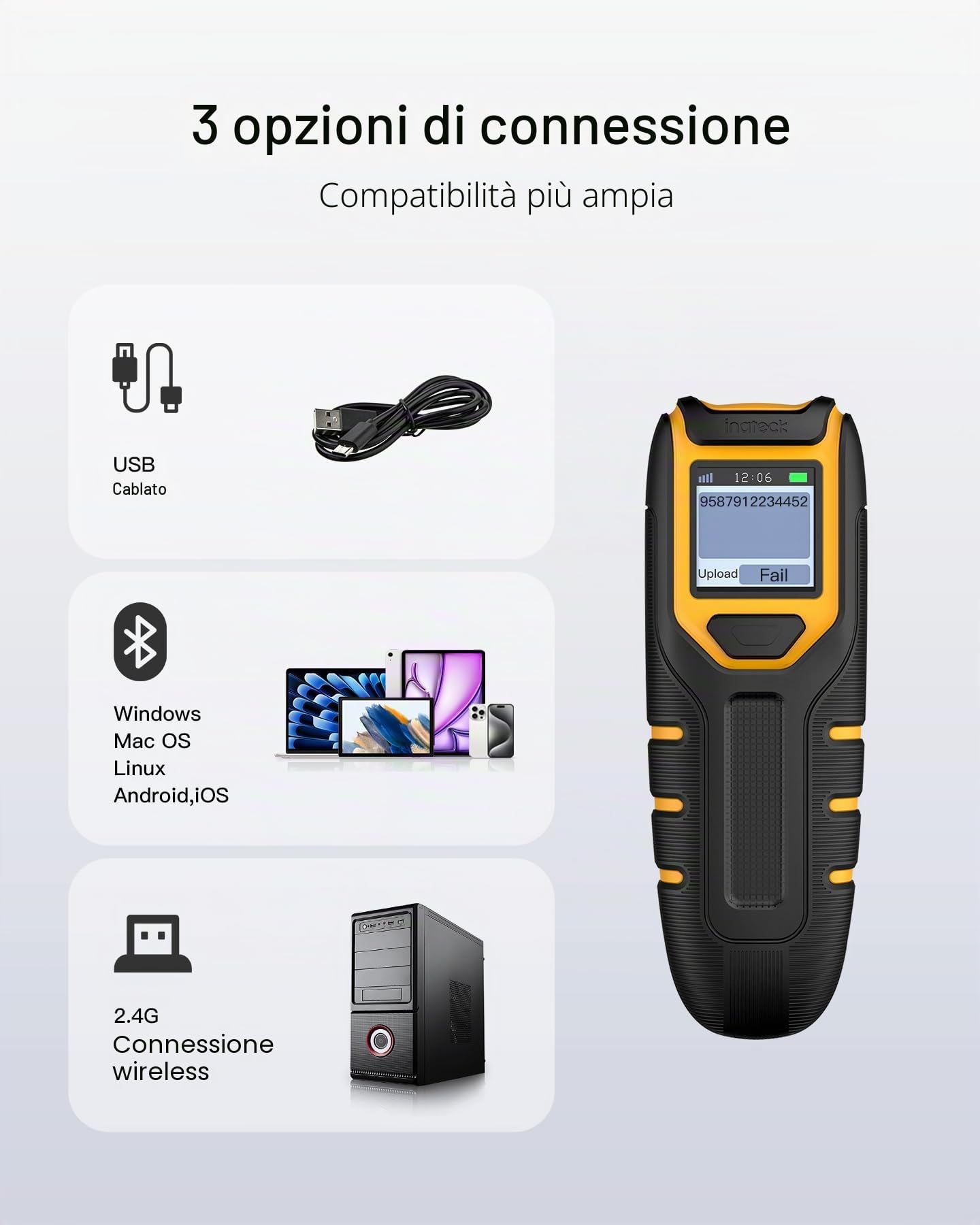 Inateck Lettore Portatile di Codici a Barre 1D Wireless con Schermo, 1000 mAh Lunga Autonomia, 105g Senza Fili Barcode Scanner con App e SDK per Tablet iPhone iPad Android iOS PC POS, BCST-49