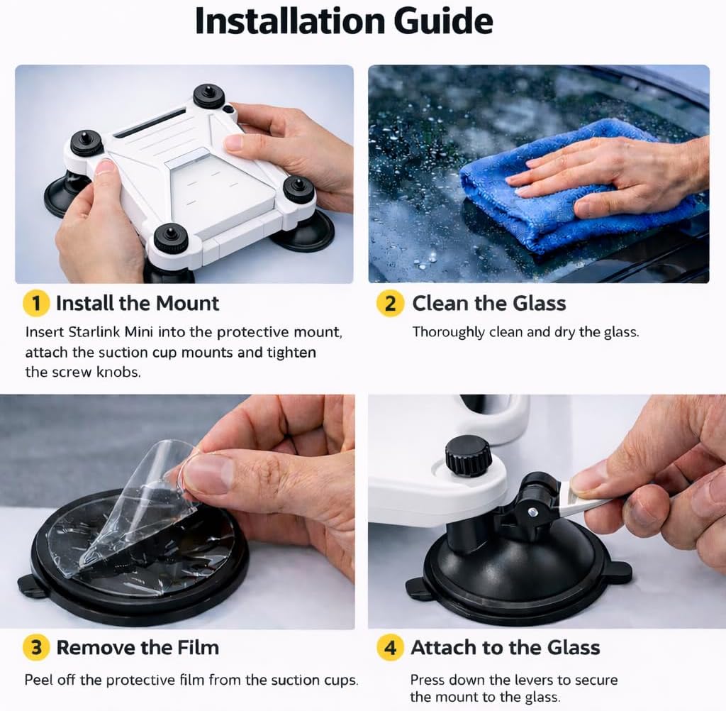 Starlink Mini Mount with Protective Cover, Secure Suction Cup Holder with 4 Heavy-Duty Cups & 2 Steel Hooks for RV, Truck, Boat & Camping (White)