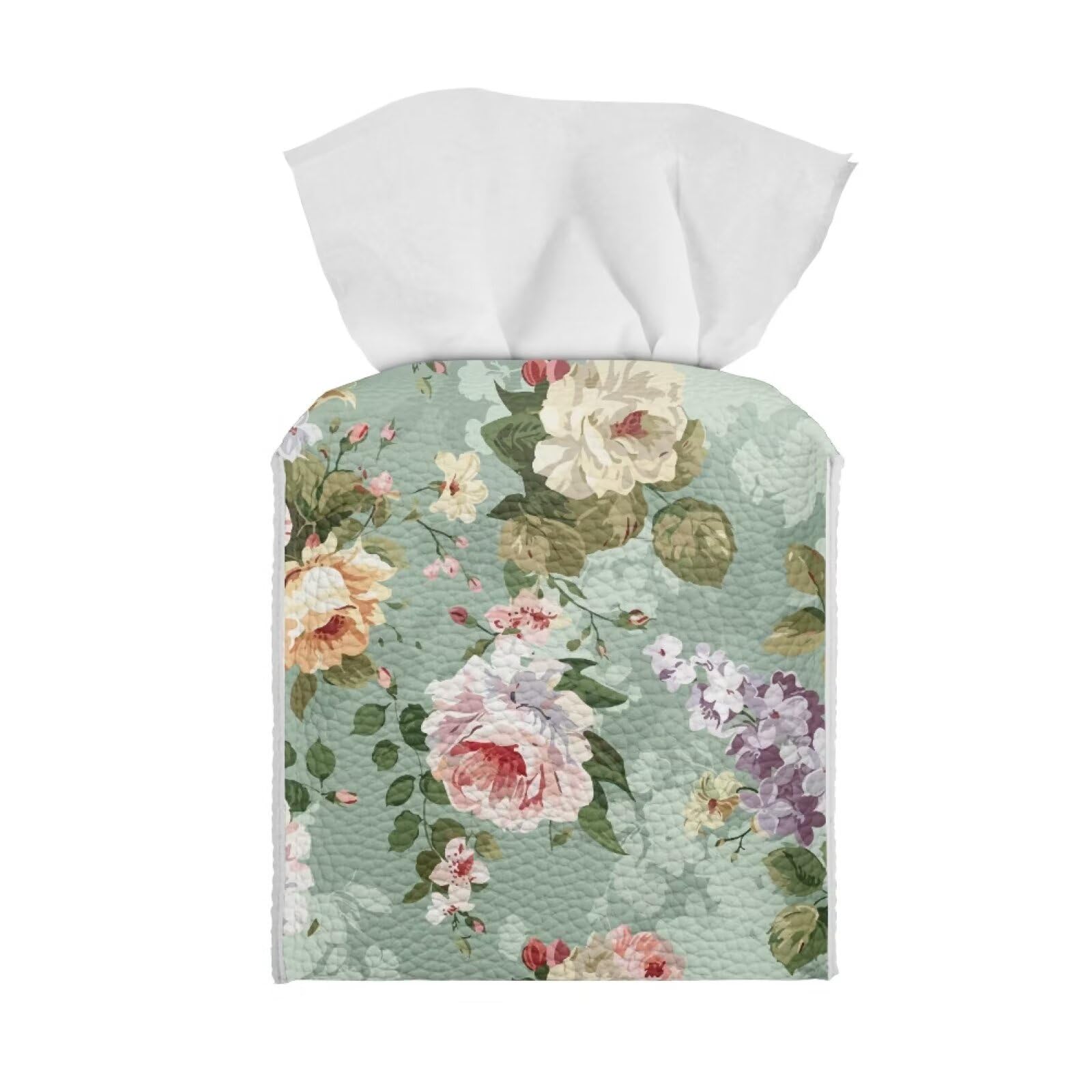 ZUXONGSY Floral Tissue Box Covers Square Home Decor Green Leather Tissue Box Cover Cube Tissue Holder for Bathroom Bottom Belt Tissue Case for Gifts