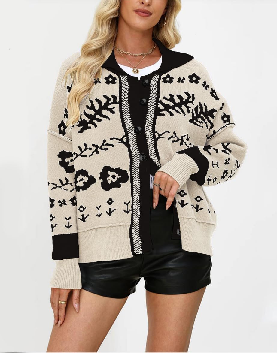 yoeasy Womens Floral Cardigan Sweater Color Block Open Front Long Sleeve Button Down Knit Loose Short Cardigan Sweaters - Image 3