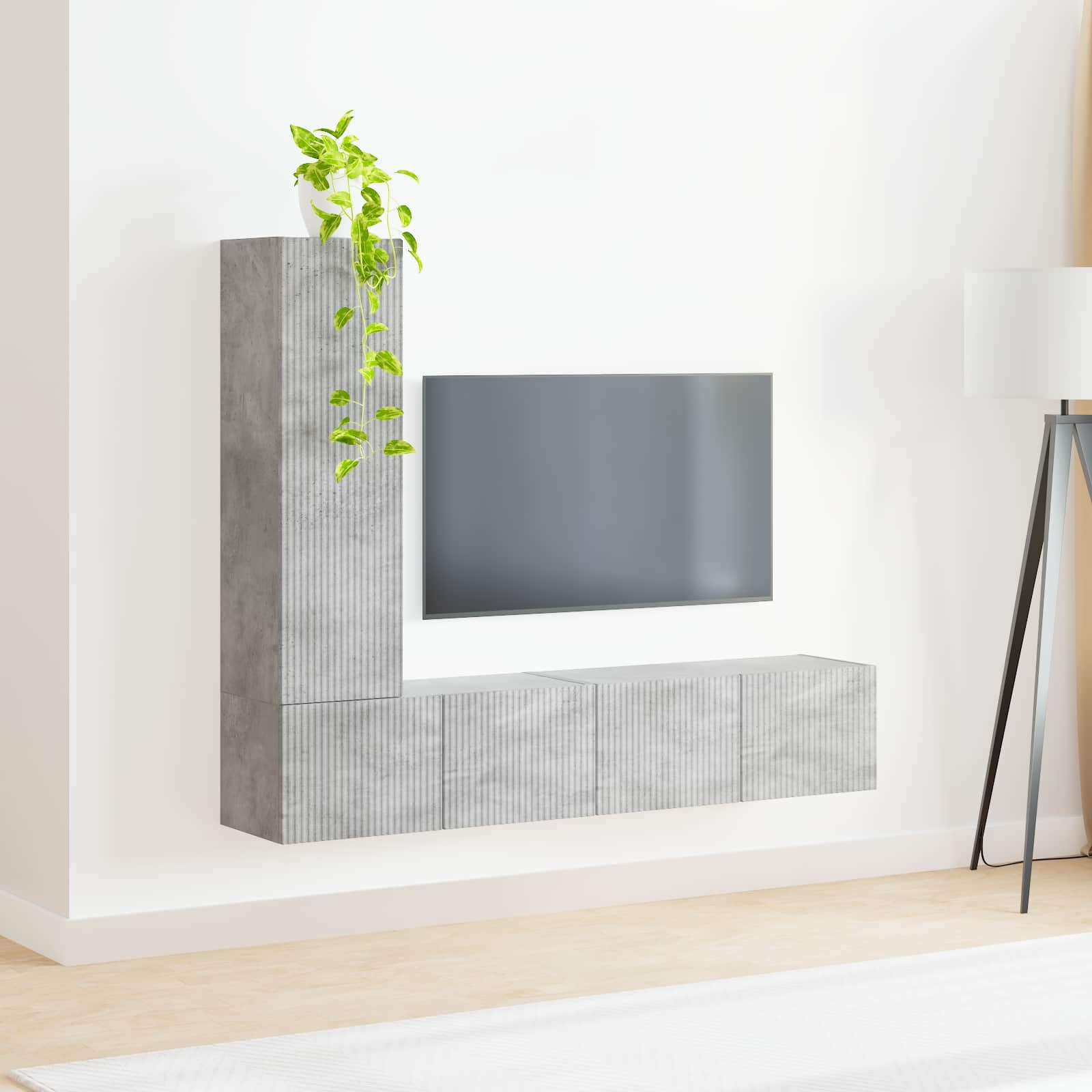 TV-Schrankset Wandmontiert 3-teilig, Beton Grau Holzwerkstoff, Modernes Media Center, Wohnzimmer, Schlafzimmer, Stauraum, 31x30x100cm