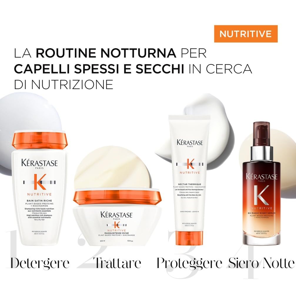 Kérastase, Nutritive, Routine Nutriente Per Capelli Secchi, Shampoo Bain Satin Riche + Maschera Masquintense Riche + Termoprotettore Nectar Thermique + Siero Notturno 8h Magic Night