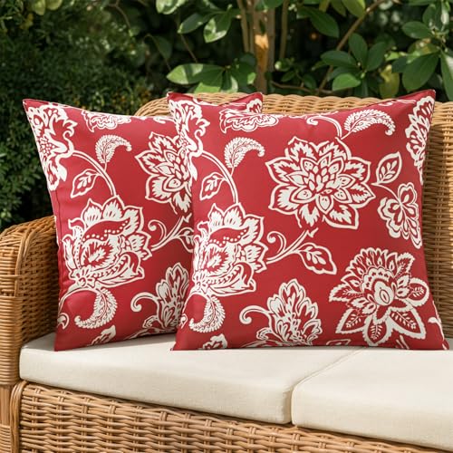 SWANCOCO Decorative Outdoor Floral Pillow Covers Set of 2 Waterproof Boho Farmhouse Throw Pillows Summer Accent Pillowcases for Patio Furniture Garden Sofa 18x18 Inch Red