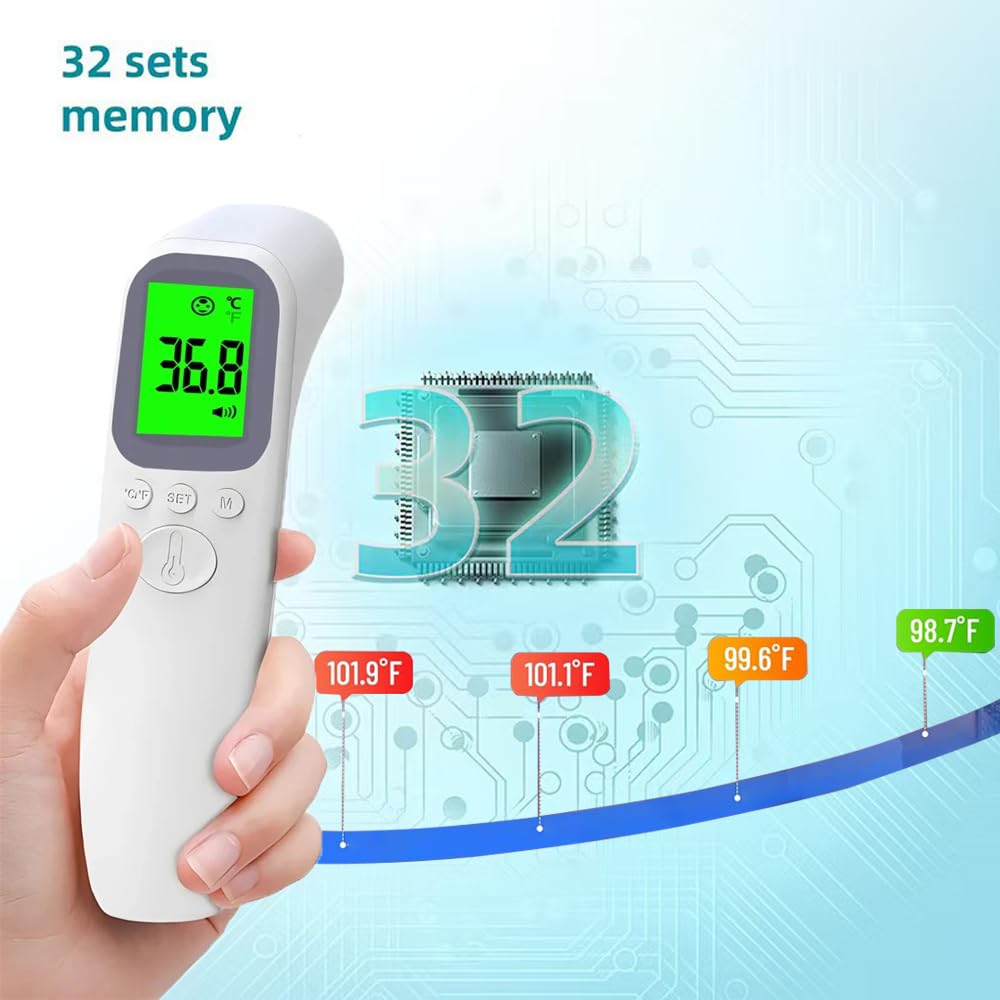Thermomètre Frontal Sans Contact, Thermomètre Numérique avec 32 Mémoires, Écran LCD Rétroéclairé, Thermometre Frontal Adulte et Enfant, Lecture Instantanée 1s