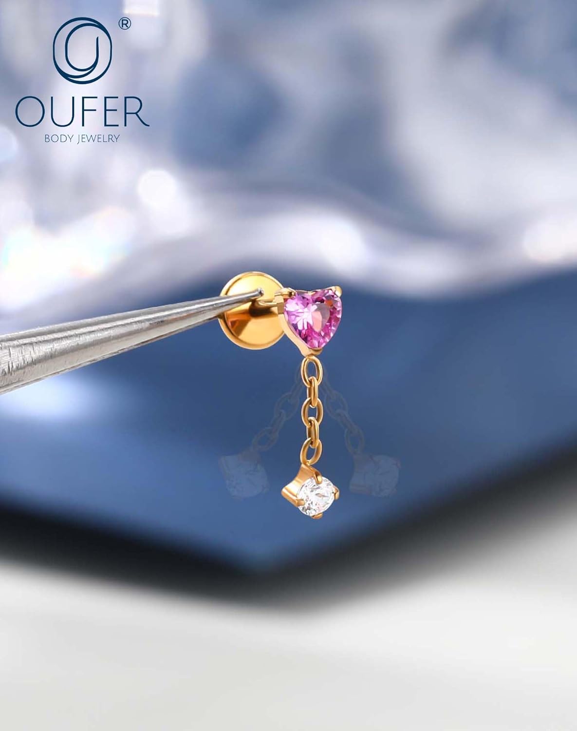 Titanium Dangle Helix Piercing Jewelry 18G Heart Cartilage Earring Studs 6MM Threadless Flat Back Cartilage Piercing Jewelry for Women Pink CZ - Image 4