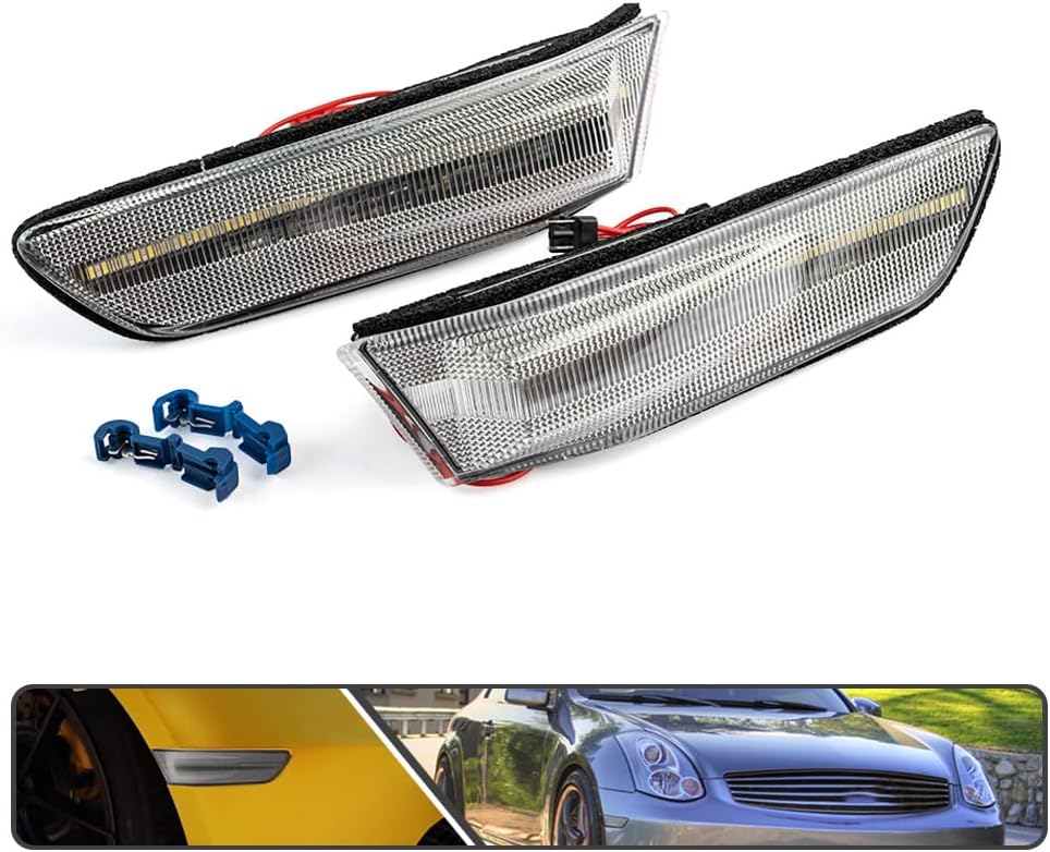 2Pcs G35 White LED Running Lights Amber Dynamic Sequential Blink Side Marker Lights for Infiniti G35 Coupe 2003-2007 Turn Signal Lamp Driving Light Clear Lens