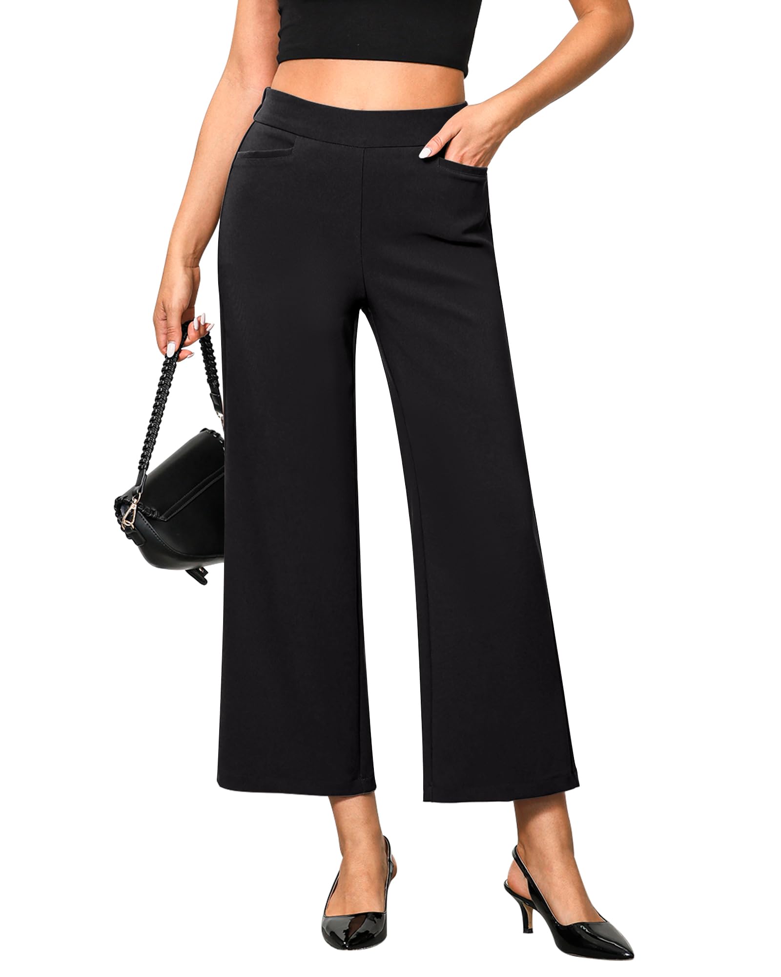 GRAPENT Cropped Pants for Women Trendy Business Casual High Waisted Pull On Wide Leg Stretchy Dress Pants with