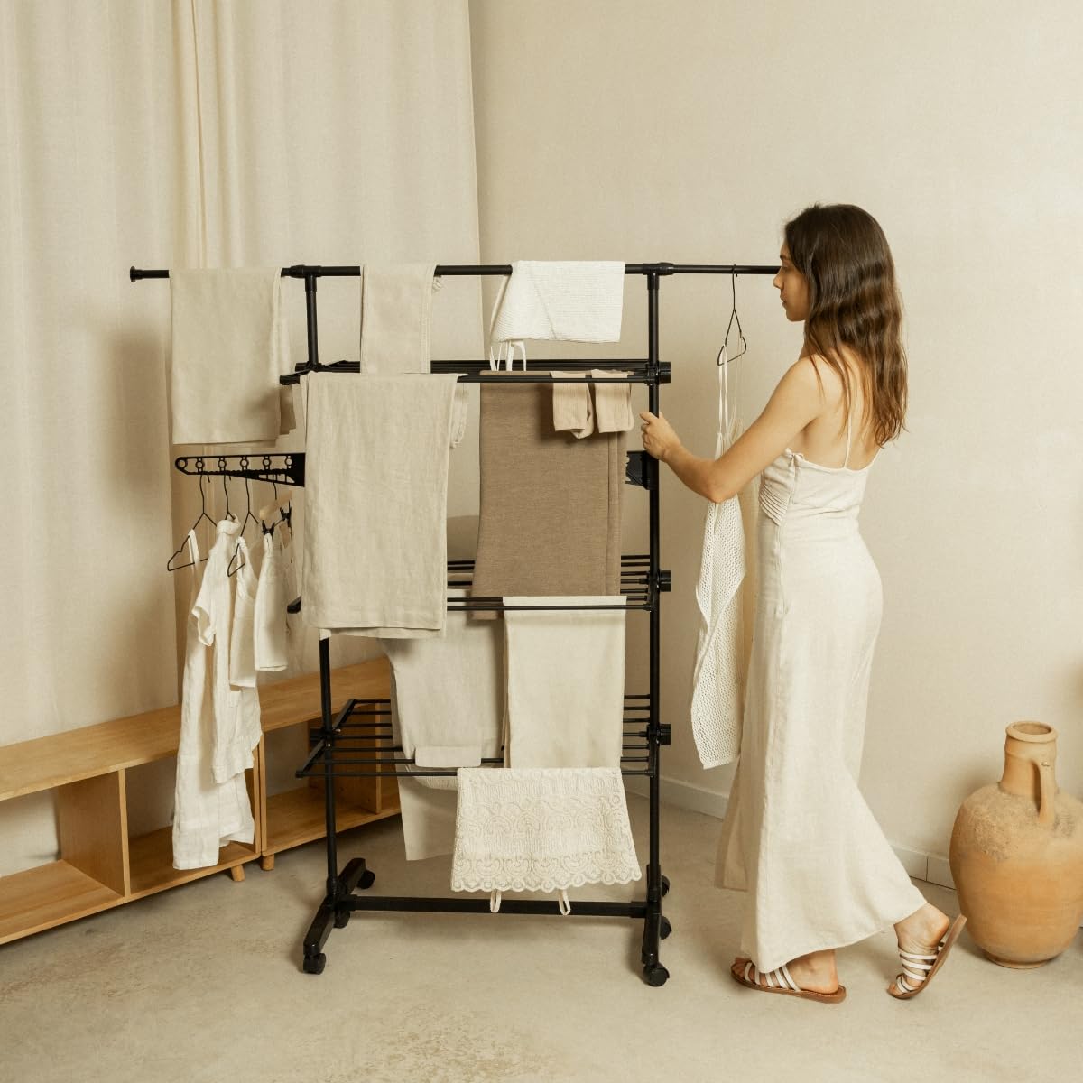 NEWLUX- Wäscheständer ausziehbar Fold Care V60 XXL Schwarz mit Rollen, 5 Doppelebenen und 18–21 m Wäscheleine. Clothes Drying Rack mit Halterung für Kleiderbügel und 1,5 m Lange Kleidungsstücke