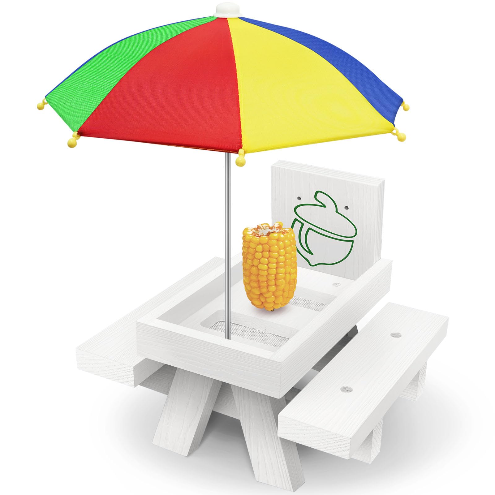 Wood Squirrel Feeder with Umbrella, Squirrel Feeders for Outside Durable squrrill Picnic Table with Solid Structure Waterproof Chipmunk Feeder with Corn Cob Holder (White)