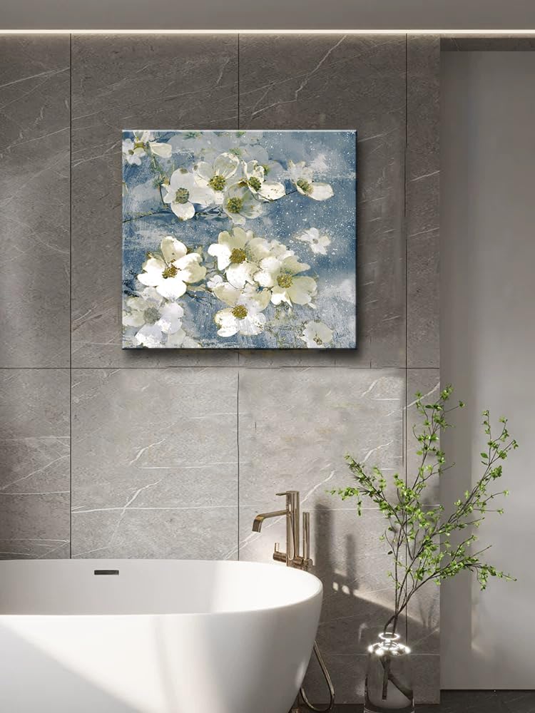 Bathroom Decor Farmhouse White Flowers Wall Art Boho Floral Painting Picture Canvas Print Framed Blue Artwork Poster for Bedroom Office Decoration 14"x14" image 4