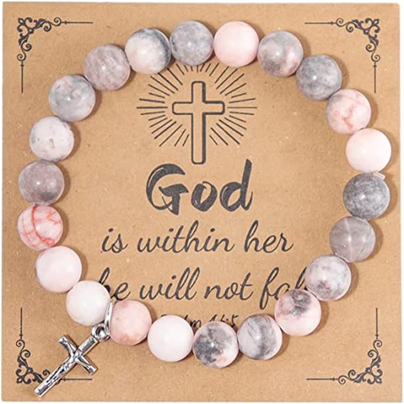 COLORFUL BLING Natural Healing Stone Cross Beaded Strand Adjustable Dangling Bracelet With Meaningful Card Inspirational Religious Faith God for Women Jewelry Gifts Christmas-God Pink