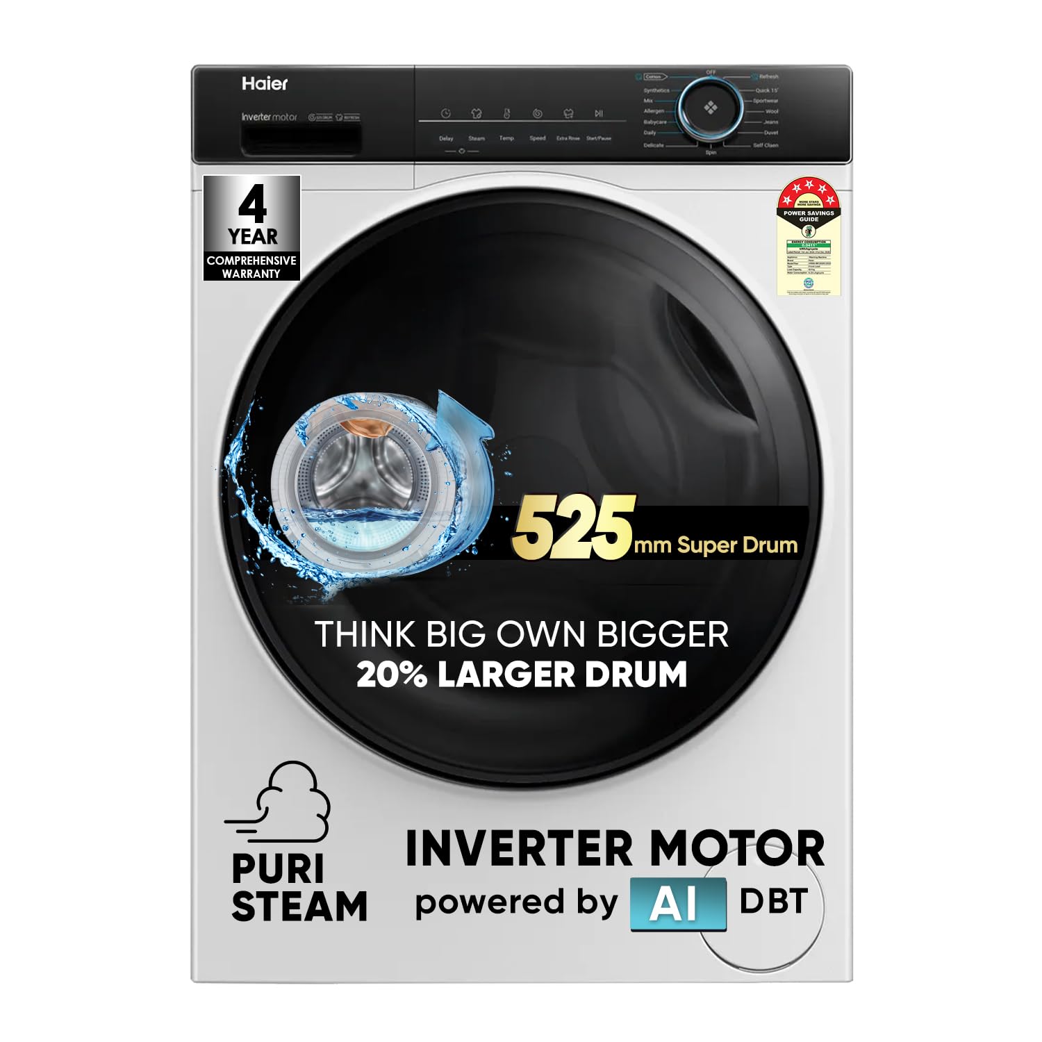 Haier 8 kg 5 Star Powered by AI-DBT with PuriSteam, 525mm Super Drum Fully Automatic Front Load Washing Machine (HW80-IM12929C, Inverter with In-Built Heater, White)