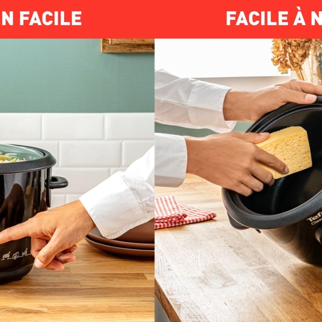 Tefal RK100570 Classic 2 Rice Cooker in use, with a hand pressing the cook button