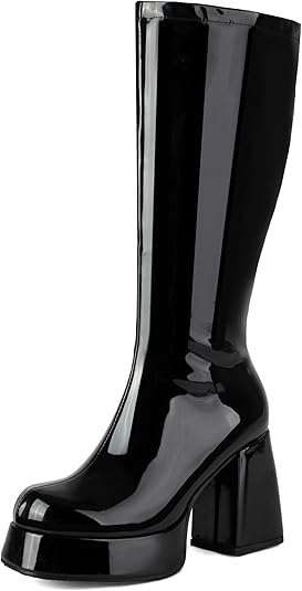 Women's Gogo Boots Knee High Platform Chunky Heel Square Toe Patent Leather 70s Disco Costume Boots for Party Halloween Cosplay