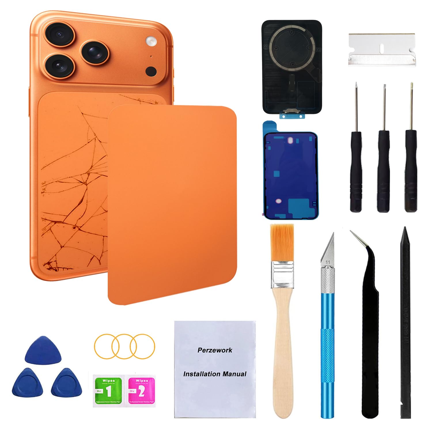 rear back glass replacement for iphone 17 pro 6.3-inches + pre-installed plate and screw bracket + reparing tool kit (cosmic orange)