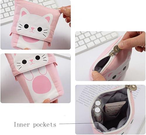 Miniatura 6 de iSuperb - Portalápices convertible para soporte y almacenamiento, de lona y poliuretano, con caricatura de gato adorable cartuchera telescópica con