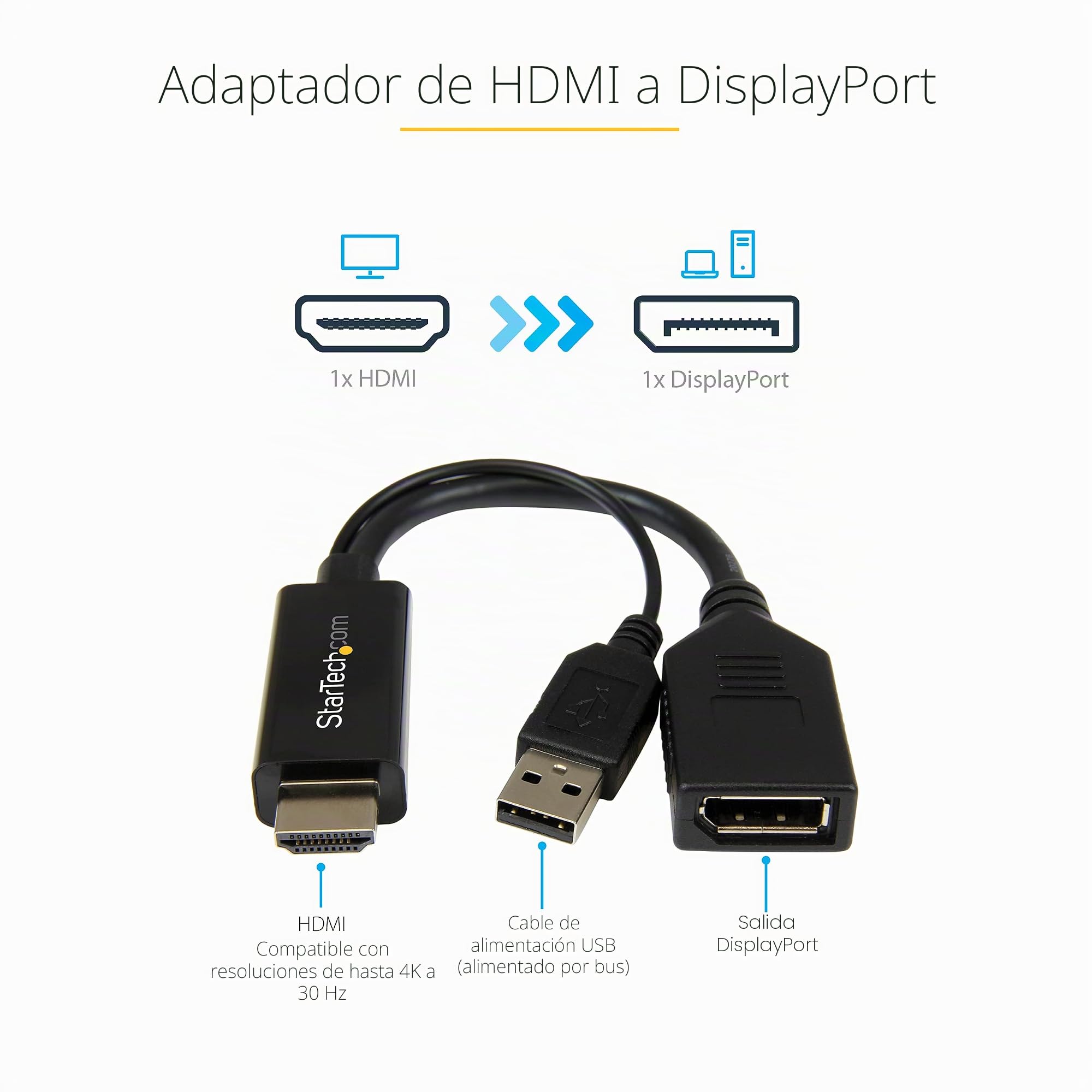 StarTech Adaptador Activo HDMI 1.4 a DP 1.2 - 4K 30Hz - Alimentado por USB | Retrocompatible con Full HD 1920x1200, Conecta un segundo monitor a tu portátil