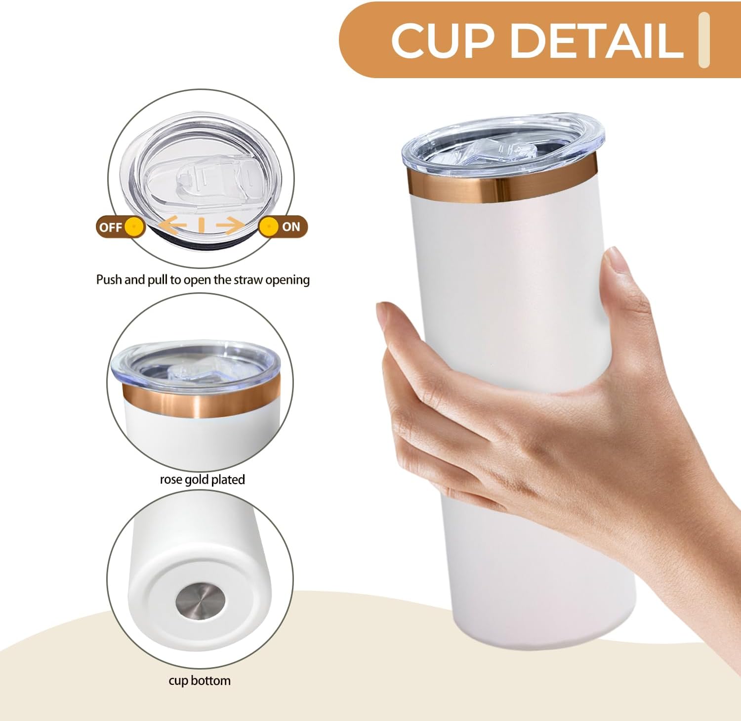 16 Pack Rose Gold Plated Stainless Steel Tumbler Straight Double Wall Powder Coated for Laser Engrave, 20oz White to Bronze - Image 3